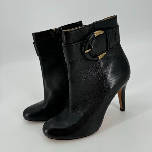 Coach Blossom Black Leather Belted Gold Buckle Zipper Heeled 5 Ankle Boots - Picture 1 of 9